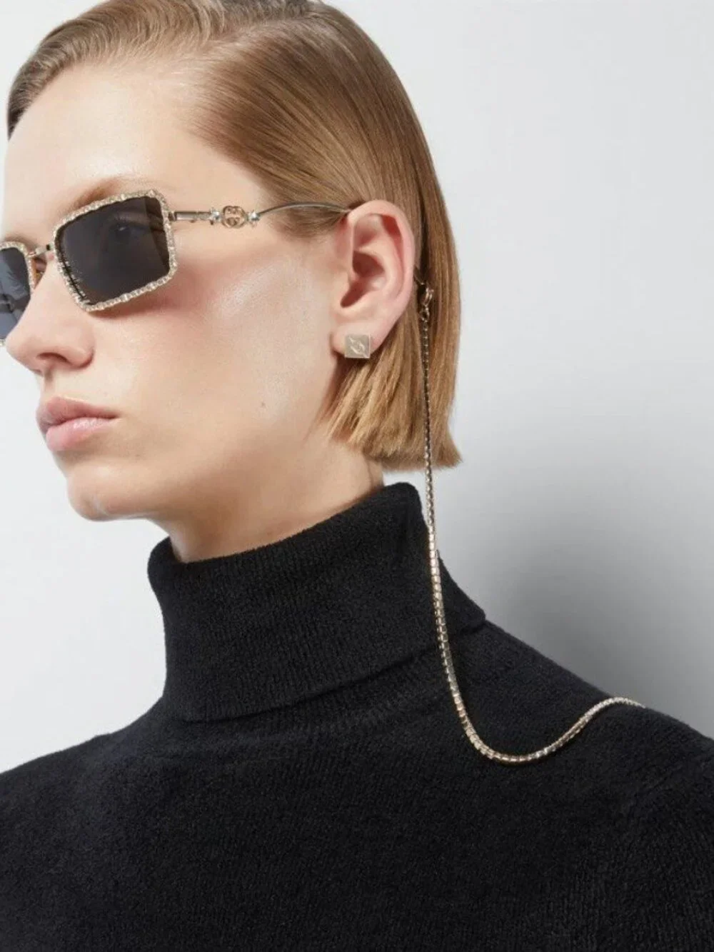 Gucci GG1568S 001 Rectangle Sunglasses - Gold with Gold Chain/Grey